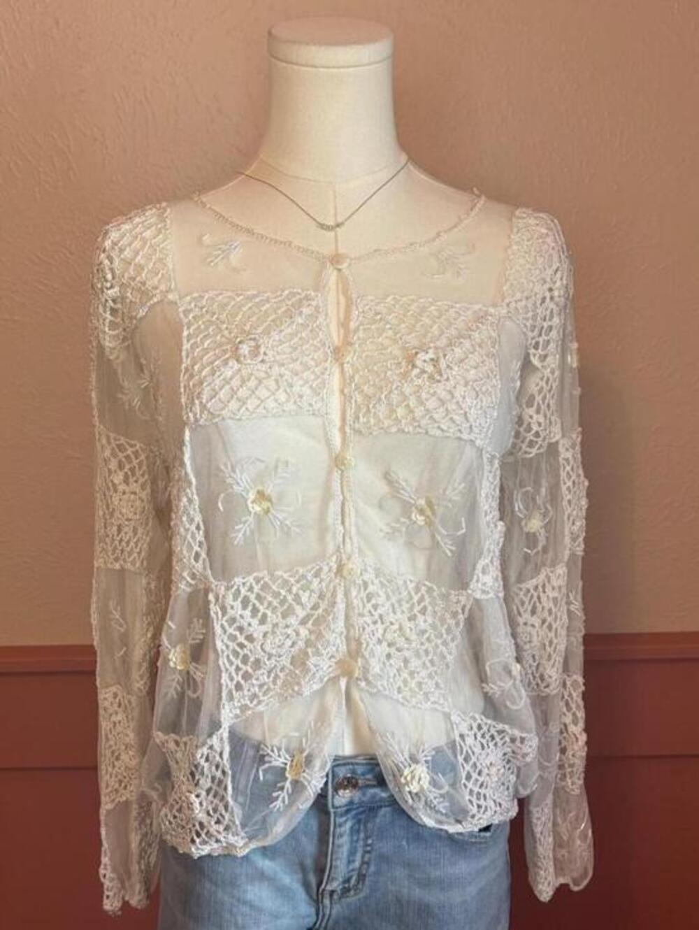 beaded crochet embroidered cardigan  white mesh pearly buttons vintage  fairy